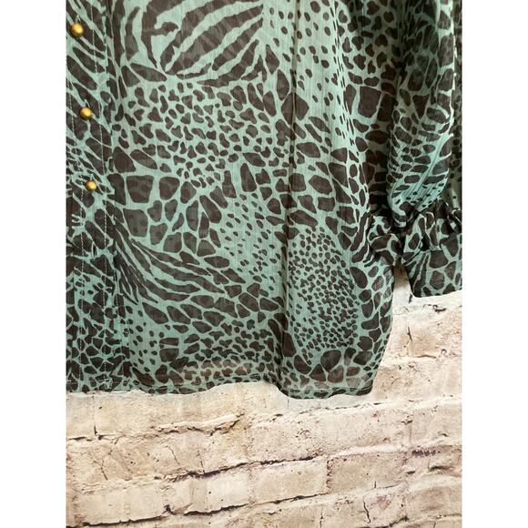Hoss Intropia Top Womens 38 Medium Teal Green Animal Print Semi Sheer Ruffles - Picture 7 of 13